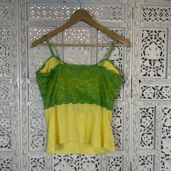 Y2K Bisou Bisou Green & Yellow Lace V Neck Spaghetti Strap Cami Sz Medium - Picture 5 of 5